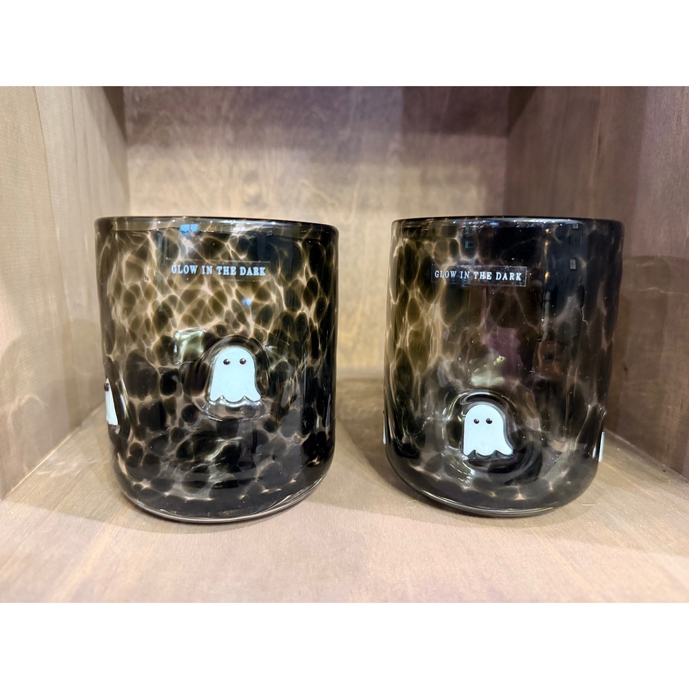 Anthropologie Glow in the Dark Ghost Tortoiseshell Glass Tumblers Set of 2 New